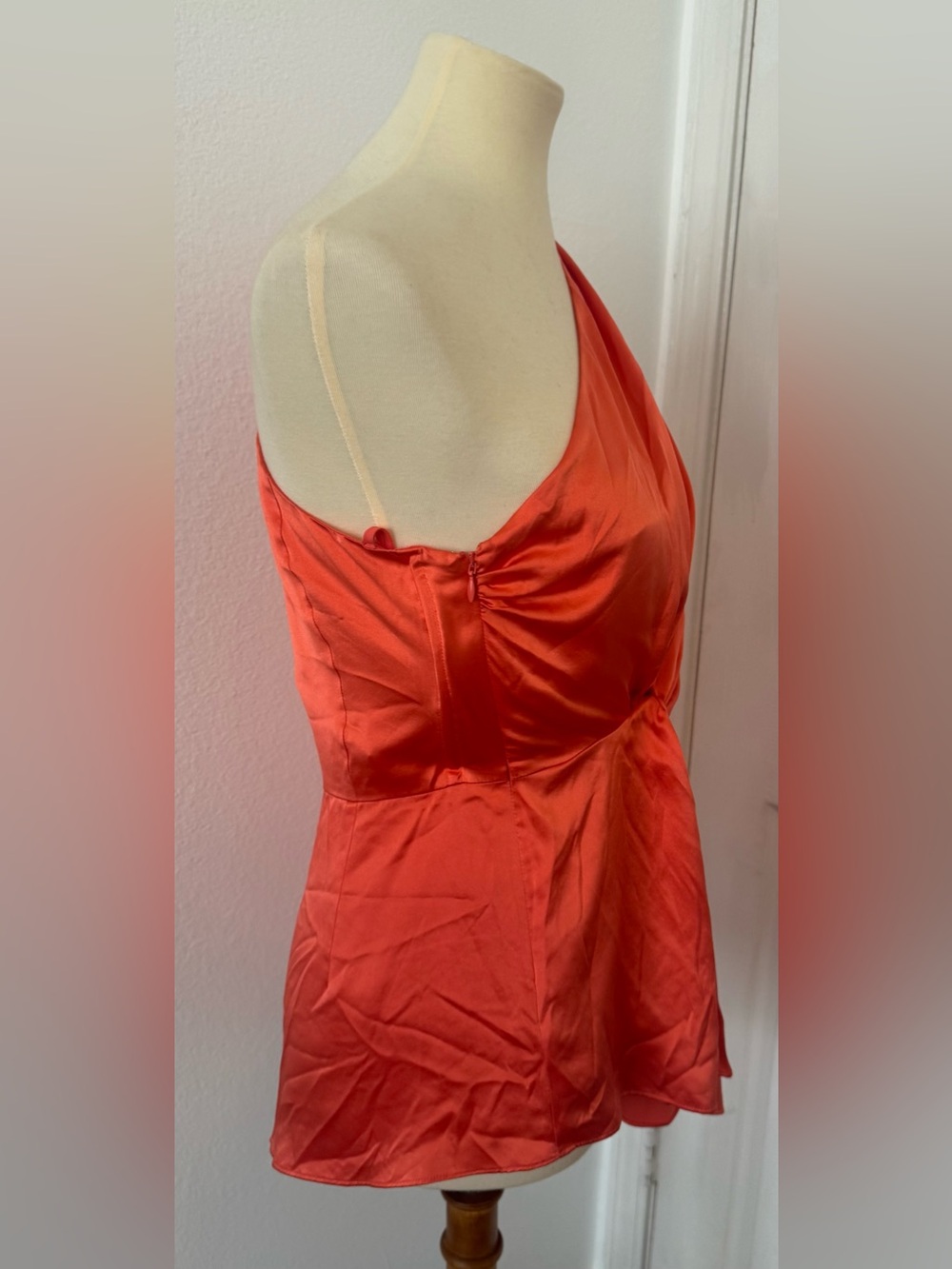 Cinq a Sept One Sleeve Silk Top Neon Coral Asymmetrical Hem Twist Front NWT Med - Picture 4 of 12